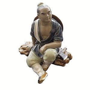 Chinese Mudman Mudmen Sitting on Wood Pile w/ Axe & Hat 3.75" Figurine Vintage